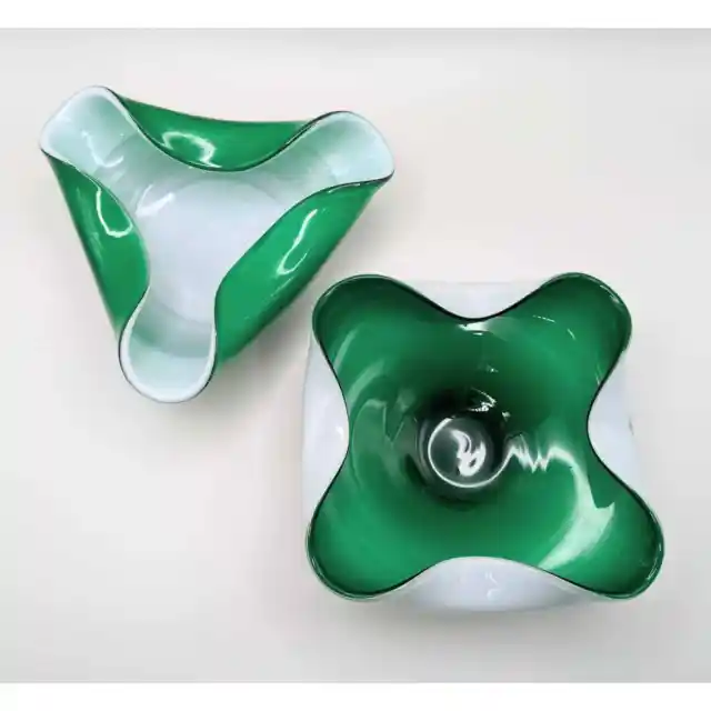 Rare Set Japanese Square & Triangle Reverse Green White Cased Glass Folded Bowls