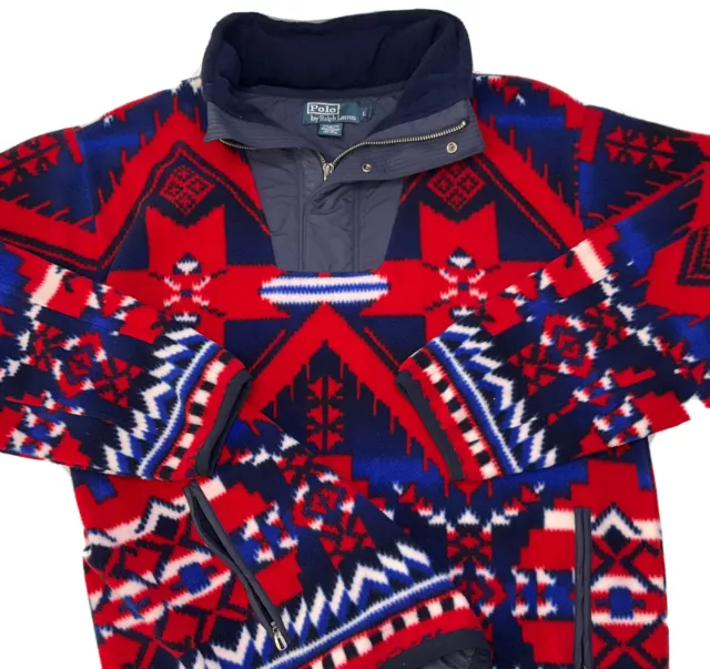 Vintage Polo Ralph Lauren Fleece Sweater Jacket Navajo Aztec 1/2 Zip Snap Hooded