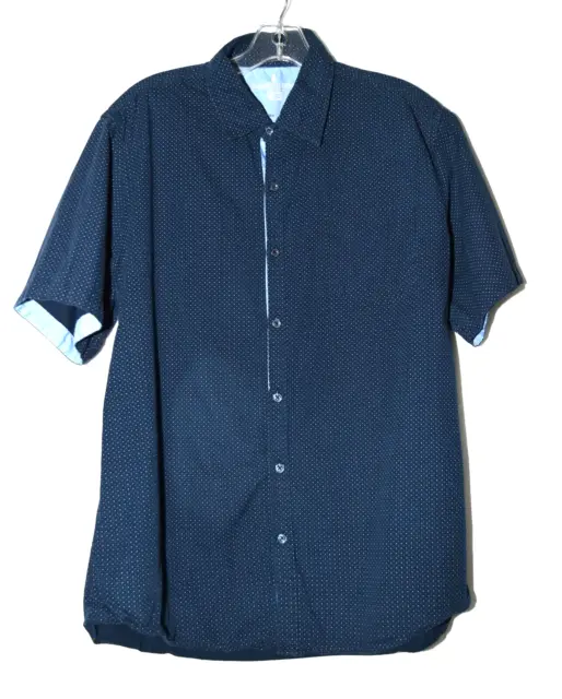 London Fog Navy Blue White Polka Dot Cotton Mens Short Sleeve Shirt Size L