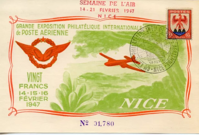 3Carte Postale Exposition Philatelique Aerienne Semaine De L'air Nice 1947