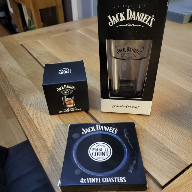 Jack Daniels Bundle:Highball Glass, 4 Vinyl Coasters, Sphere Ice Cube Mould.