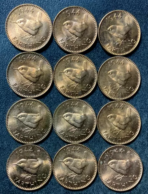 Vintage Great Britain Coin Lot - 1944 - FARTHINGS - 12 Uncirculated Coins - #D6