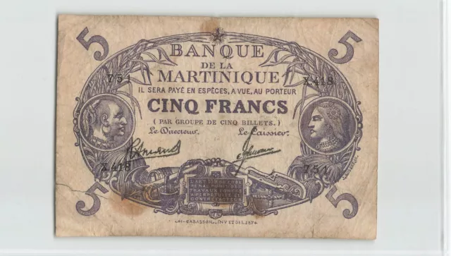 MARTINIQUE 5 Francs 1934-45, P-6, Scarce Type, Circulated w/ Tear.  C2
