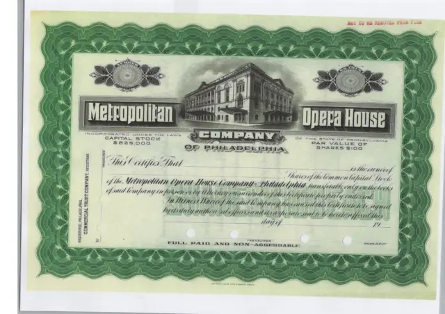 Metropolitan Opera House Co Of Philadelphia...unissued Common Stock Certificate