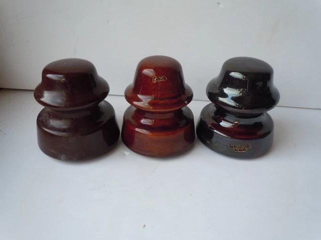 3 Vintage Brown Ceramic Porcelain Insulators - Victor, Locke & Pinco