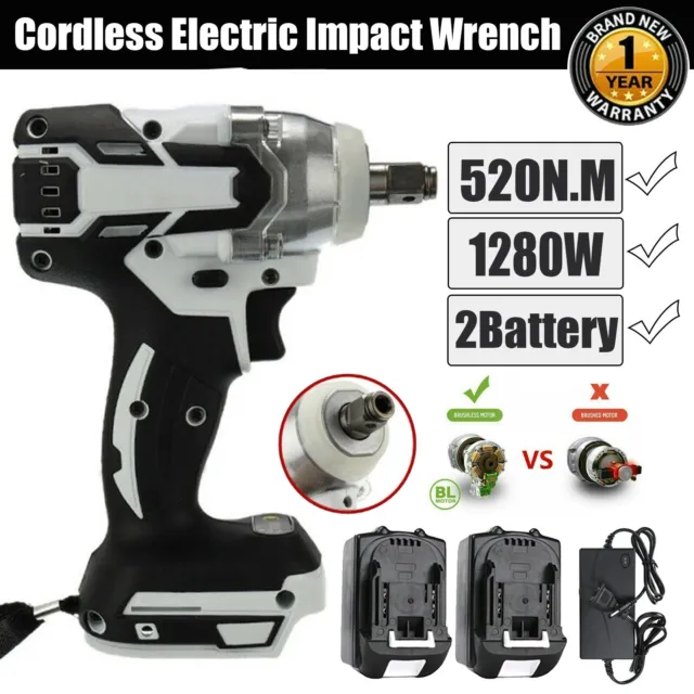 18V 1/2" Driver Cordless Impact Wrench Brushless 520NM With Two Battery +Charger