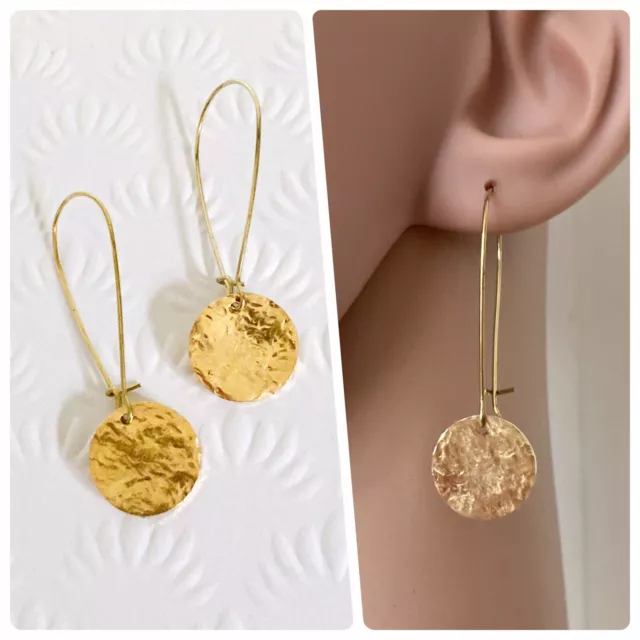 Hand Made Beaten Hammered Brass Gold Disc Simple Minimal Tribal Boho Earrings