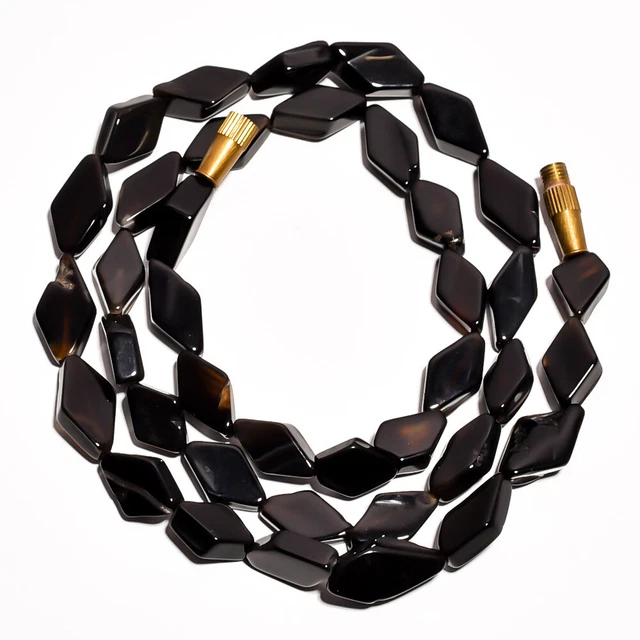 Black Botswana Agate Gemstone Flat Diamond Beads Barrel Clasp Necklace 17" UB636