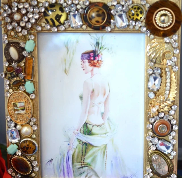 Vintage Jewelry Art Decorated Picture Frame Rhinestone Embellished, 5X7 Photo