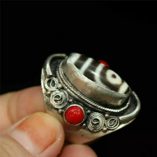 1.18" Collect China Exquisite pure silver inlay Red Coral Beads Tianzhu Dzi Ring