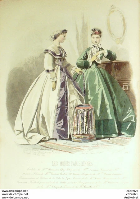 Gravure Les Modes parisiennes 1863 n°1087 Robes velours gros de Turin brodées