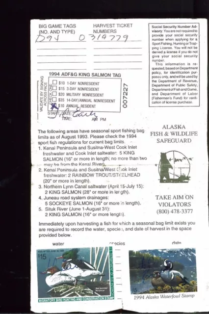 ALASKA - 1994 Hunting/ Fishing License DUCK STAMP RW61 + STATE STAMP  - 43