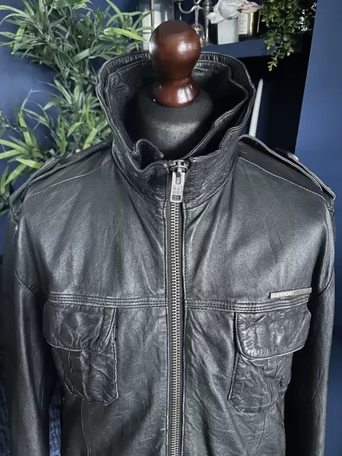 Superdry Brad Black Leather Jacket Mens Biker Bomber XL David Beckham Rockstar