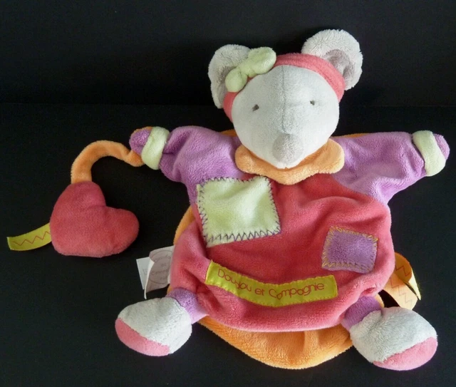 1m. DOUDOU ET COMPAGNIE MARIONNETTE SOURIS Zigzag Rose mauve orange coeur TTBE