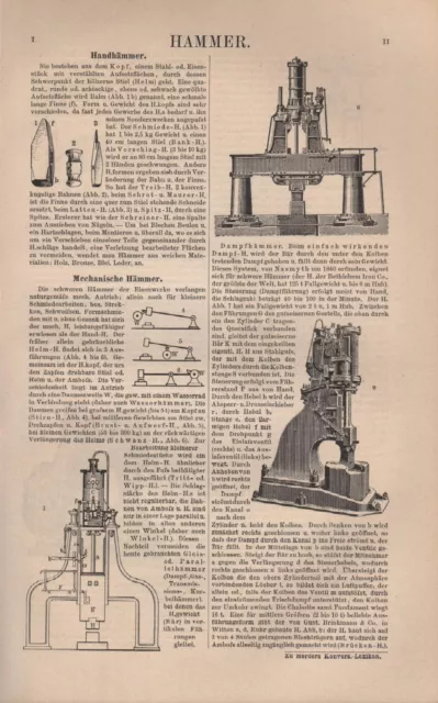 Lithografie 1905: Hammer. Handhämmer Mechanische Hämmer
