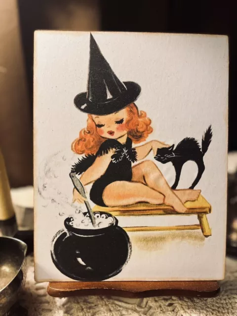 Retro Kitschy Halloween Little Witch Girl With Cat Handcrafted Plaque / Sign #2