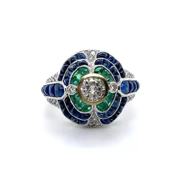 Art Deco Style Diamond & Emerald & Sapphire Cocktail Engagement 925 Silver Ring