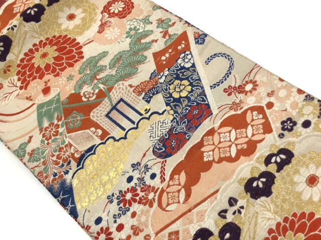 6176139: Japanese Kimono / Antique Nagoya Obi / Woven Carriage & Kiku