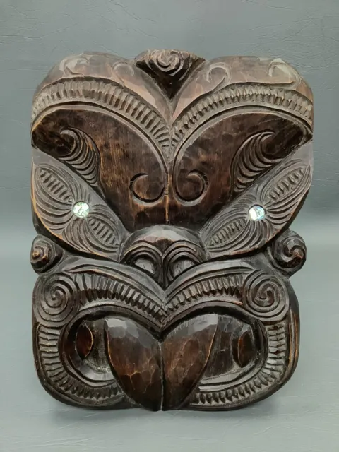 Excellent Large Hand Carved Tiki Wall Hanging Paua Shell Eyes New Zealand 2