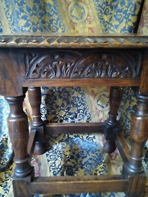 Stunning Vintage Oak Joint Stool Carved Friezes All Round Turned Supports 4 2