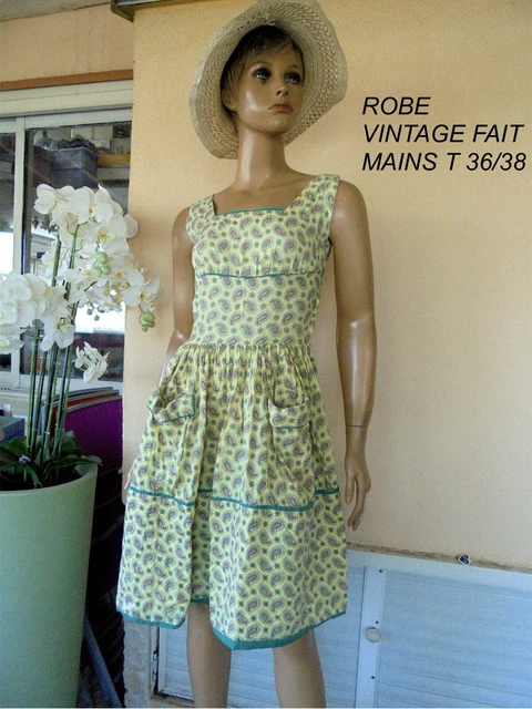 Robe D'été Vintage Fait Main - Taille 40/42, Vert Pomme Imprimé Fleuri - Neuve Sans étiquettes