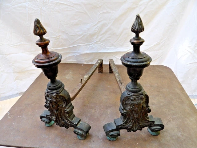 Paire De Chenets Anciens En Bronze + Fer
