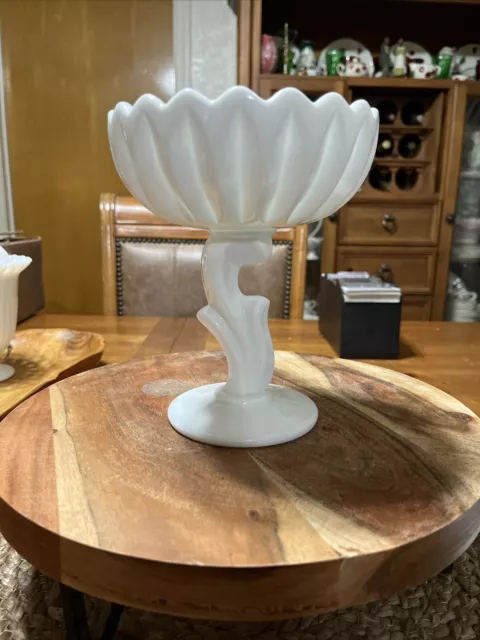 Vintage Indiana Glass Lotus Blossom Line Milk Glass Pedestal Compote Bowl 7.25"