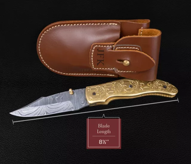 8.5" Hand Forged Damascus Folding Pocket Hunting Knife - Engraved Brass Handle 3