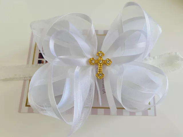 Baby Girl Pure White Christening Headband Gold Cross Baptism Bow Hairband