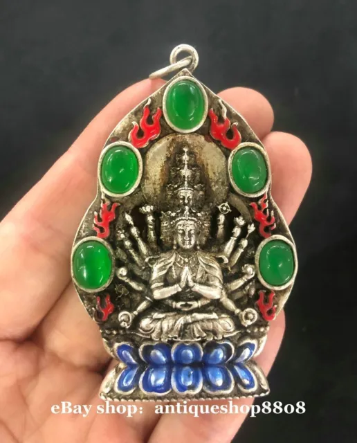 Tibet Miao Silver Gem 1000 Arms Avalokiteshvara of Goddess Buddha Pendant Amulet