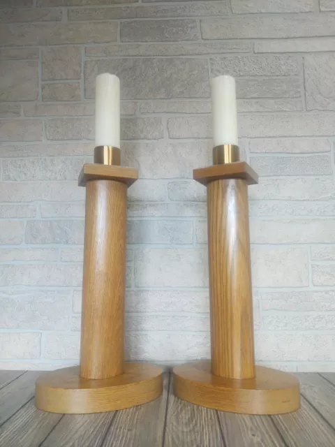 ✝️ Vintage Pair Oak Antique Catholic Church Alter Polished Brass Candle Sticks