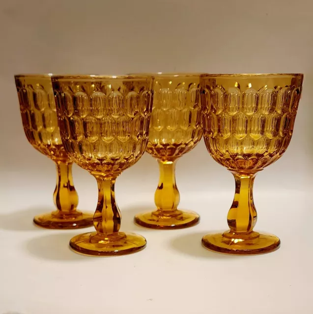 MMA American Thumbprint Amber Pressed Glass Water Goblet Set Of 4 Glasses 6.25"