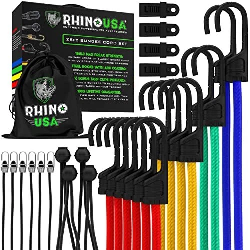 RHINO USA Bungee Cords with Hooks - Heavy Duty Outdoor 28pc Assortment with 4...