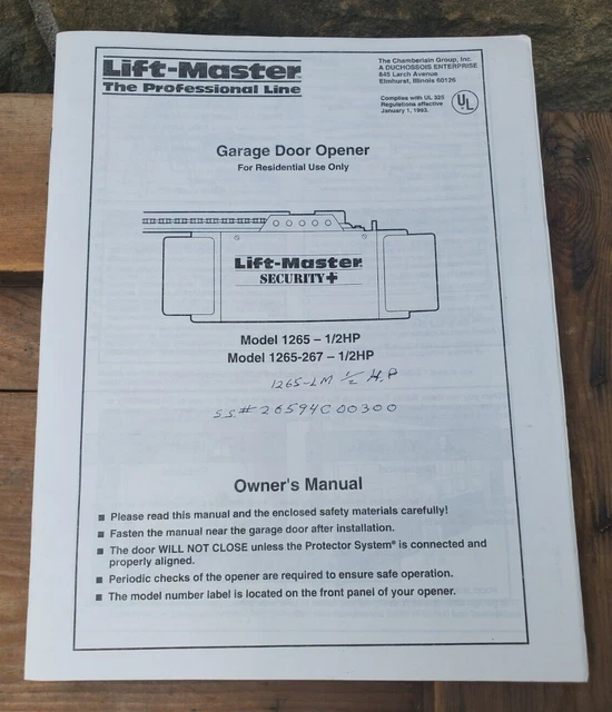 Abridor de puertas de garaje Lift-Master modelos 1265-1/2 hp manual del propietario 1265-267 1/2 hp