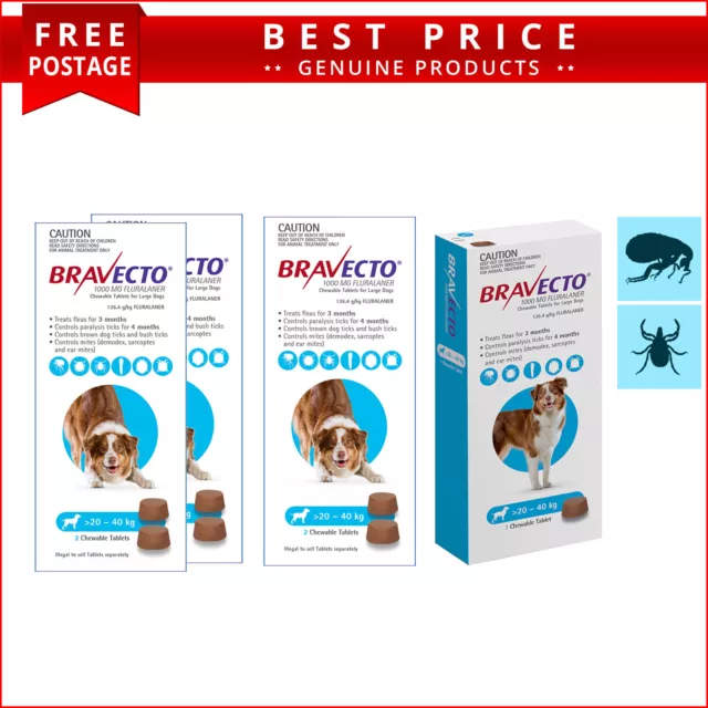 BRAVECTO Chewable 1,2,4 Doses for 20 to 40 Kg Dogs Flea and Tick Control BLUE