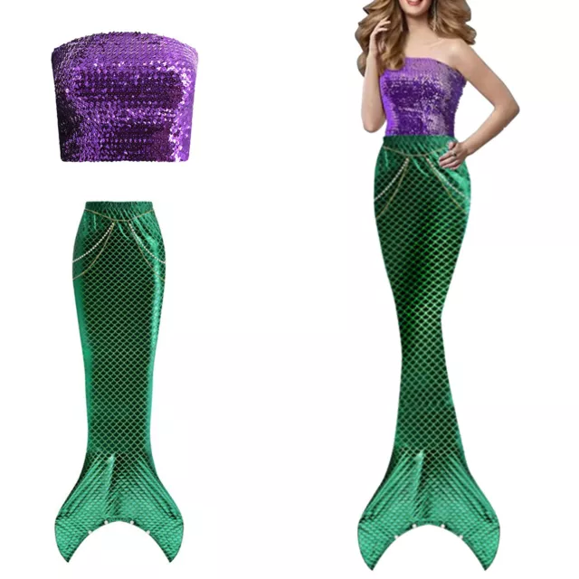 Womens Mermaid Costume Sequin Bandeau Tube Top Fsh Tail Skirt Holloween Dress Up