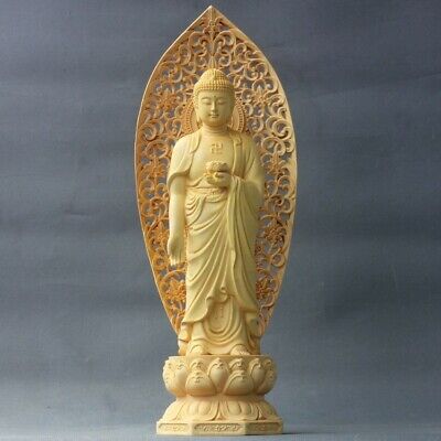 Chinese Boxwood Huang-yang carving Buddha with lotus base figure Statue