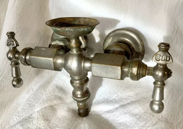 Vintage Solid Brass Hot Cold Sink Faucet Spigot Soap Dish architectural salvage