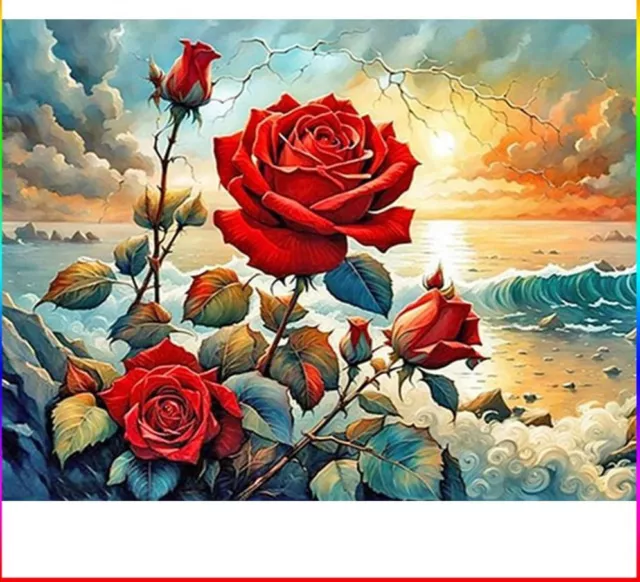 Diamond Painting Red Roses Sea Waves Design Landscape Canvas House Wall Displays