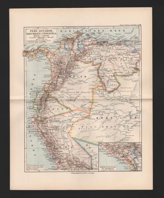 Landkarte map el mapa 1892: PERU, ECUADOR, KOLUMBIEN UND VENEZUELA. 1:12.000.000