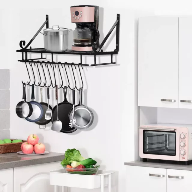 Kitchen Hanging Pot Pan Rack Wall Mount Storage Shelf Saucepan Holder 10 Hooks