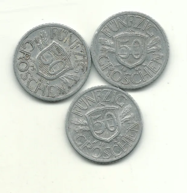 Better Grade Lot 3 Austria 50 Groschen Coins-(2)1946,1947-Jun145