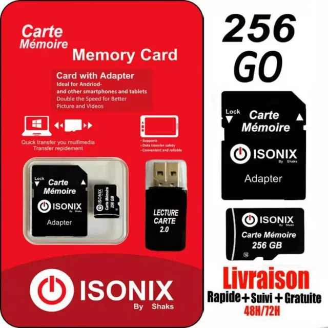 Carte Mémoire Micro SD 256 Go Class 10 Adaptateur sd + lecteur de cartes