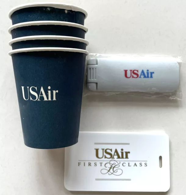 USAir Airlines Mixed Lot (3 items) - First Class Luggage Tag, Lint Brush, Cups