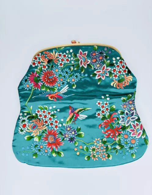 Vintage Embroidered Clutch Purse Satin Floral Birds Green Rare Elegant 60s Fold