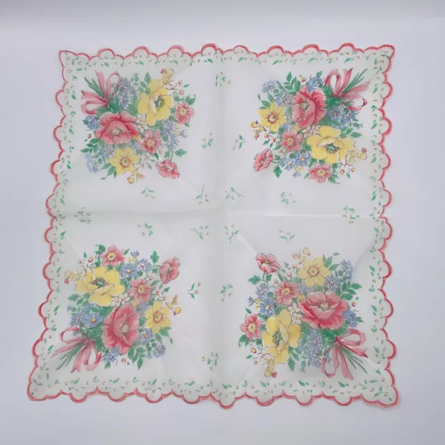 VTG Hanky Floral Wild Flower Print Scallop Bridal White Multicolor Semi Sheer