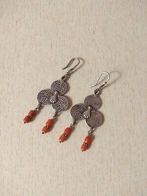 Silver Berber Earrings from Morocco with Silver Coins and Old Coral Beads