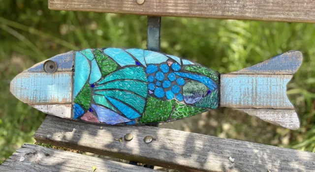 Stained Glass Mosaic Fish  Wall Decor Handmade Ocean Sea OOAK
