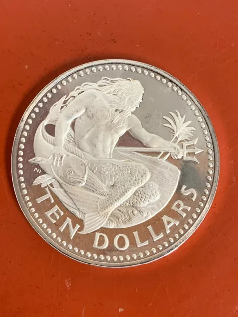 1973 BARBADOS Ten Dollars Proof World Large Silver Coin