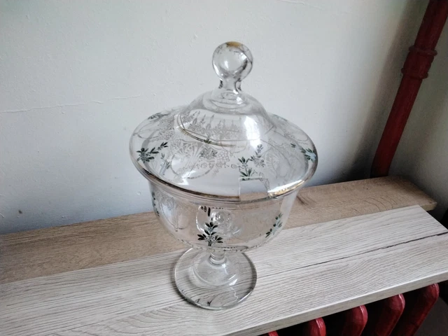 Sucrier vintage en Verre épais avec pince mécanique à sucre intégrée dans le couvercle - Vers